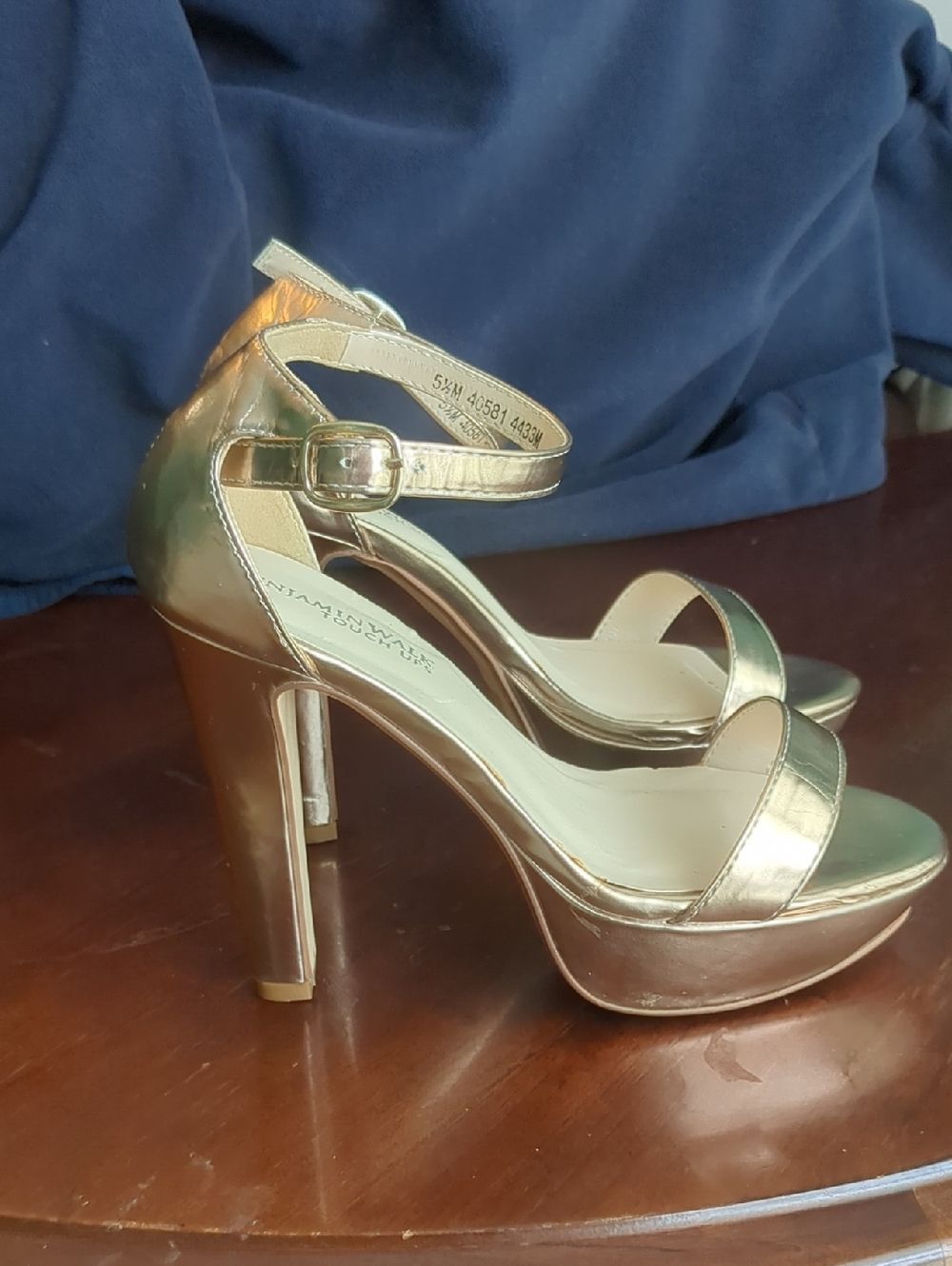 Metallic Gold- Ankle Strap- Platform Statement Heels, Size 5.5